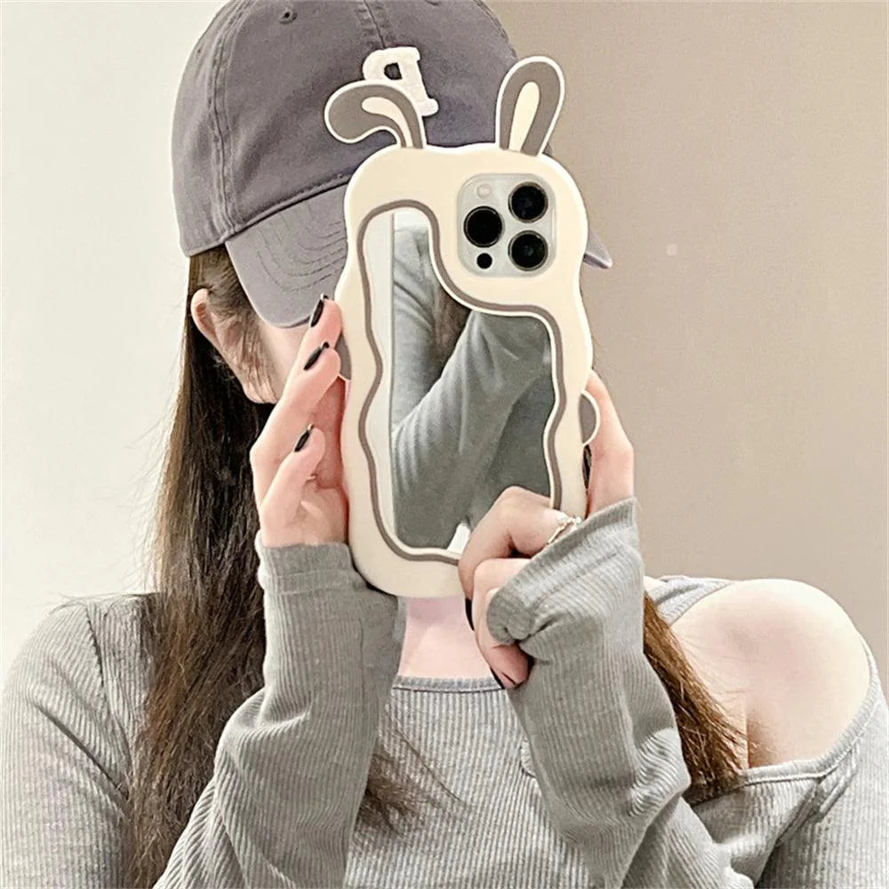 3D Cute Rabbit Ear Mirror Phone Cases For iPhone 15 14 13 11 12 Pro Max XS XR X 7 8 Plus Cartoon Shockproof Cover