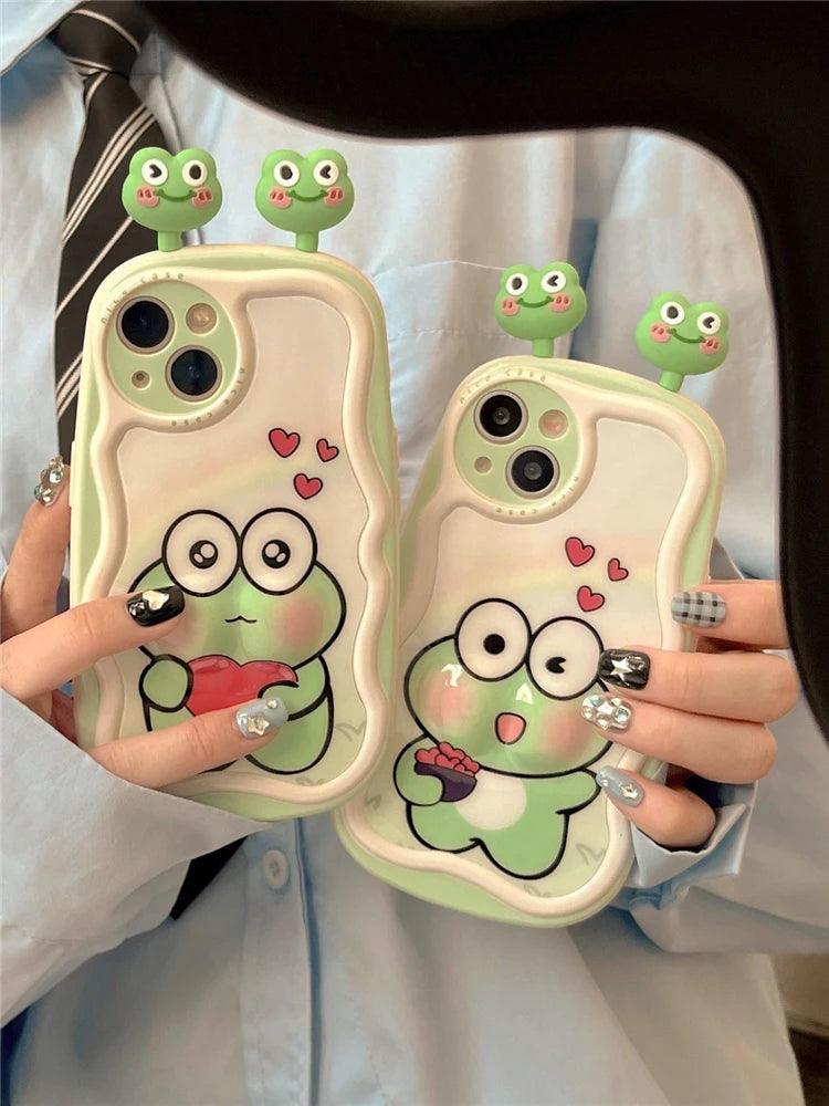 3D Ears Frog Cute Phone Case - Wave Edge - For iPhone 15 Pro Max, 14, 13, 11, 12