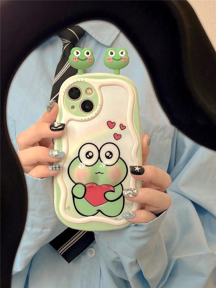 3D Ears Frog Cute Phone Case - Wave Edge - For iPhone 15 Pro Max, 14, 13, 11, 12