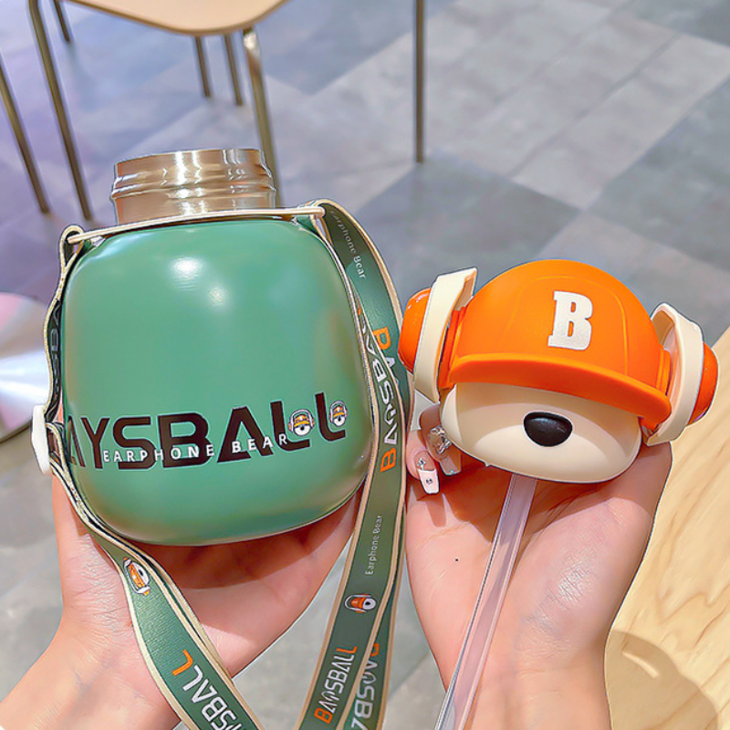 Kawaii Cartoon Headphone Bear Insulated Straw Bottle