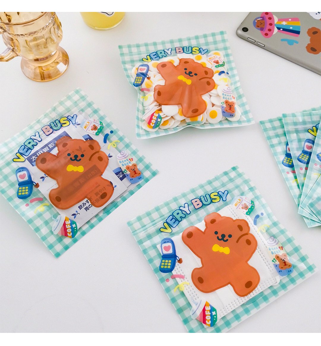 Bonjour Bear Plaid Ziplock Bags-5pcs