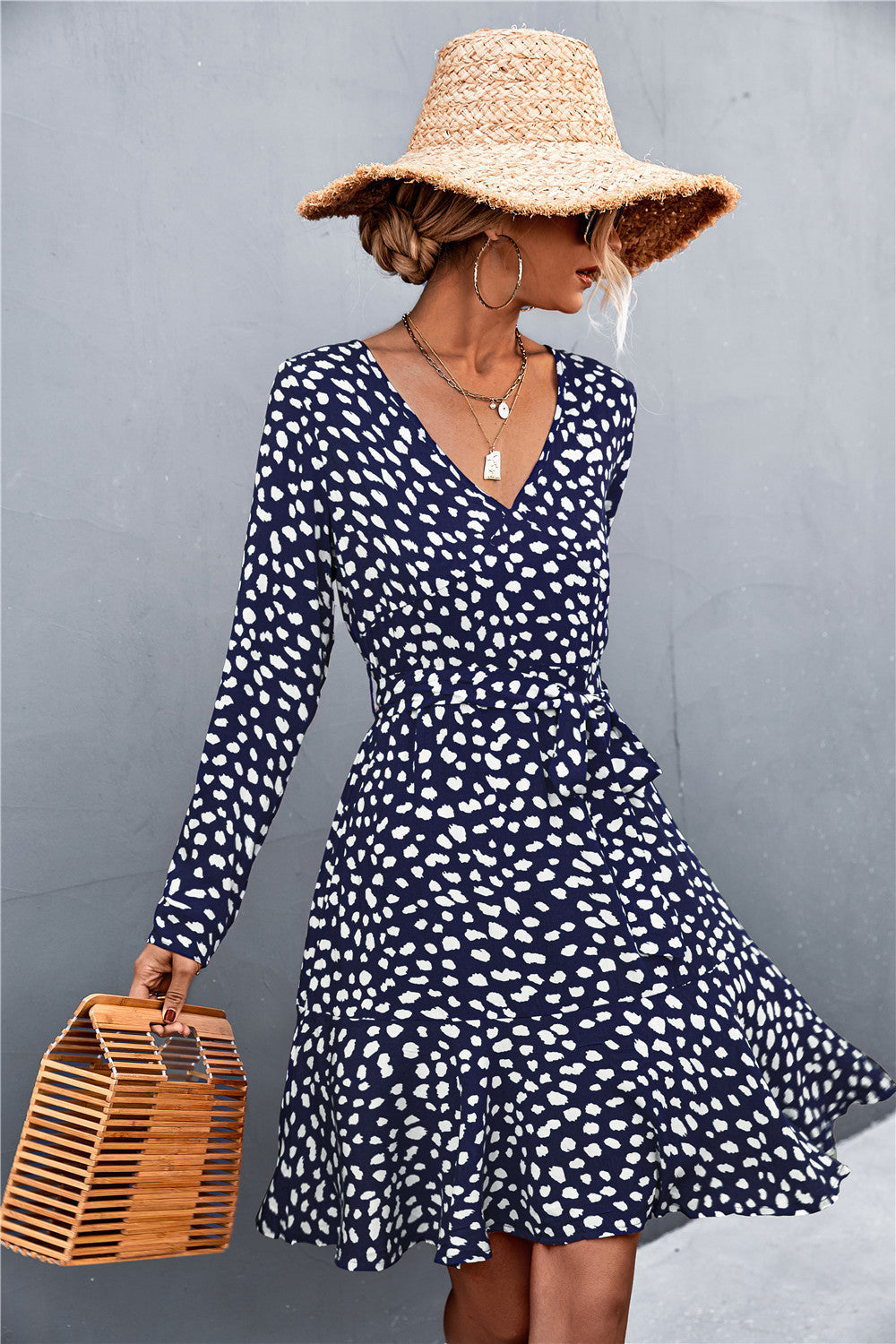 V-Neck Tie Belt Ruffle Hem Mini Dress