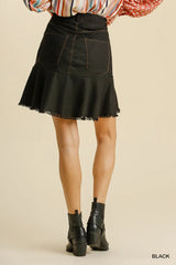 Umgee Linen Blend 5 Pockets High Low Skirt with Frayed Hem