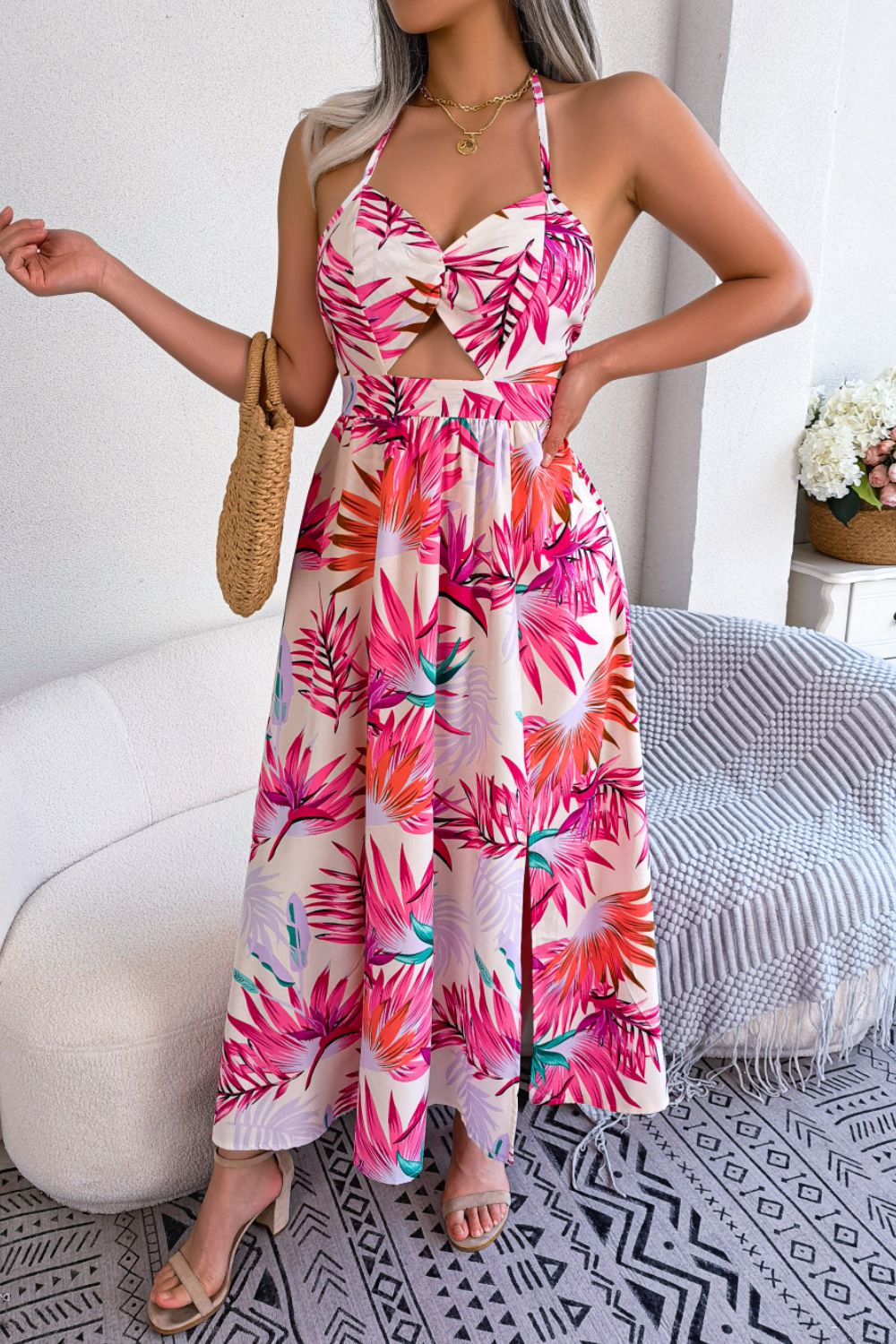 Botanical Tied Backless Cutout Slit Dress