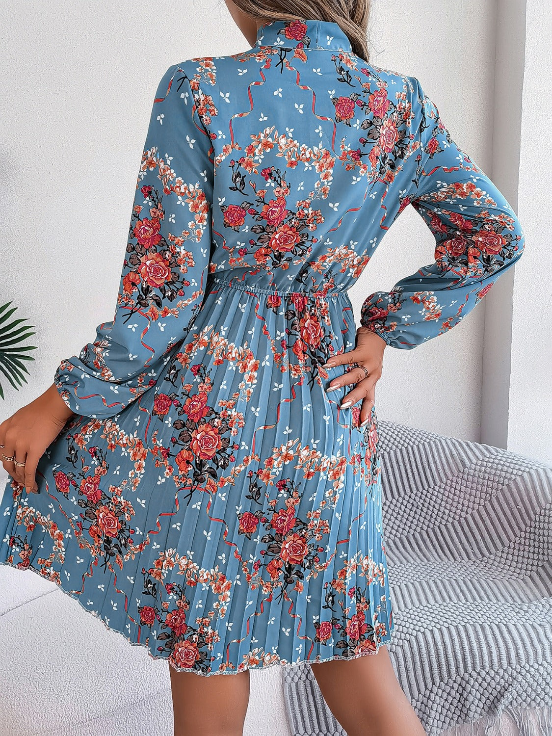 Pleated Printed-Tie Neck Long Sleeve Dress