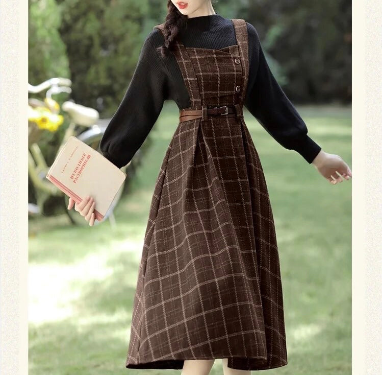 Conjunto de 2 piezas de vestido de lana a cuadros de la Academia oscura de Forest Witch