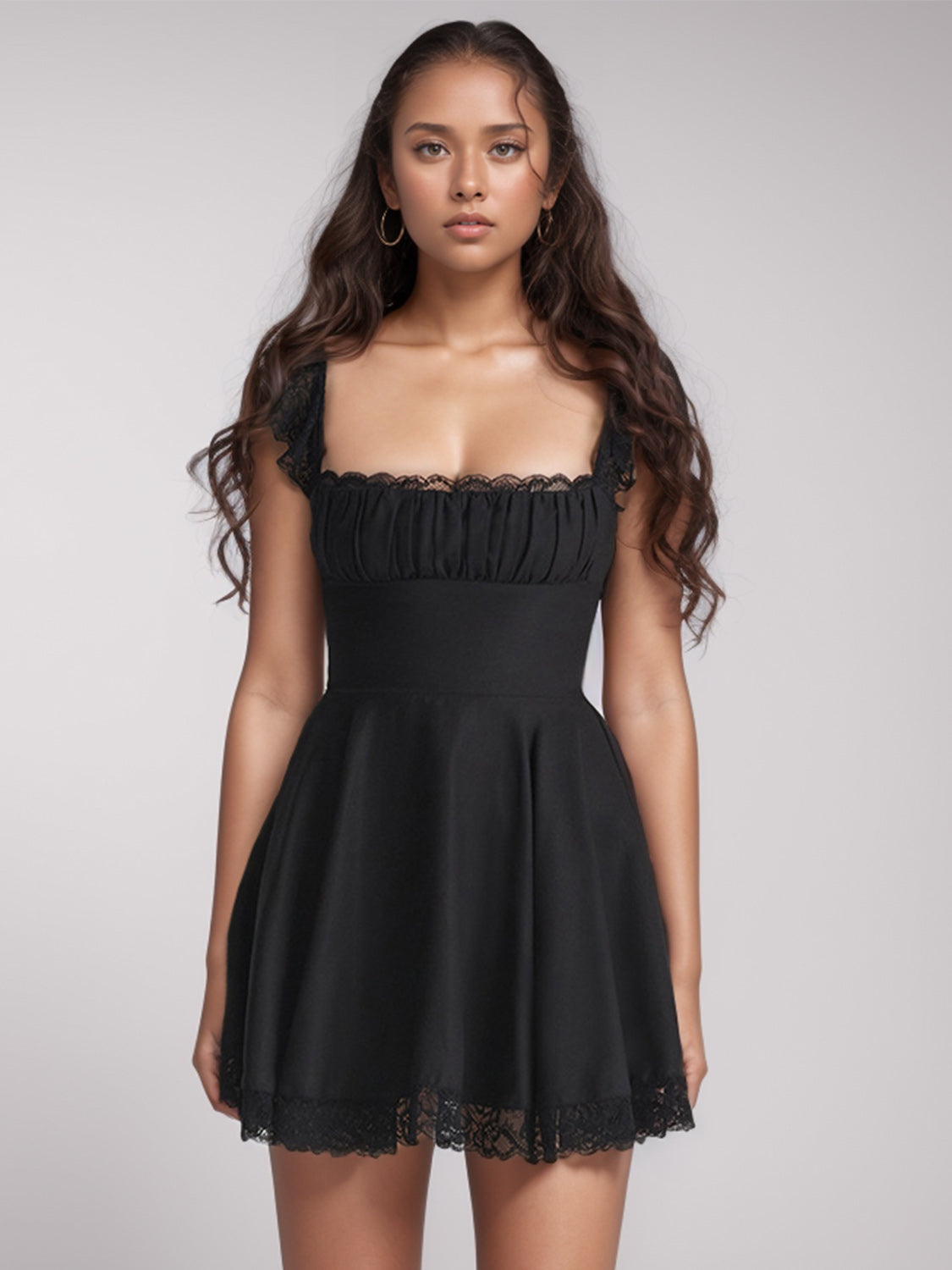 Lace Detail Square Neck Cap Sleeve Dress