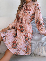 Pleated Printed-Tie Neck Long Sleeve Dress