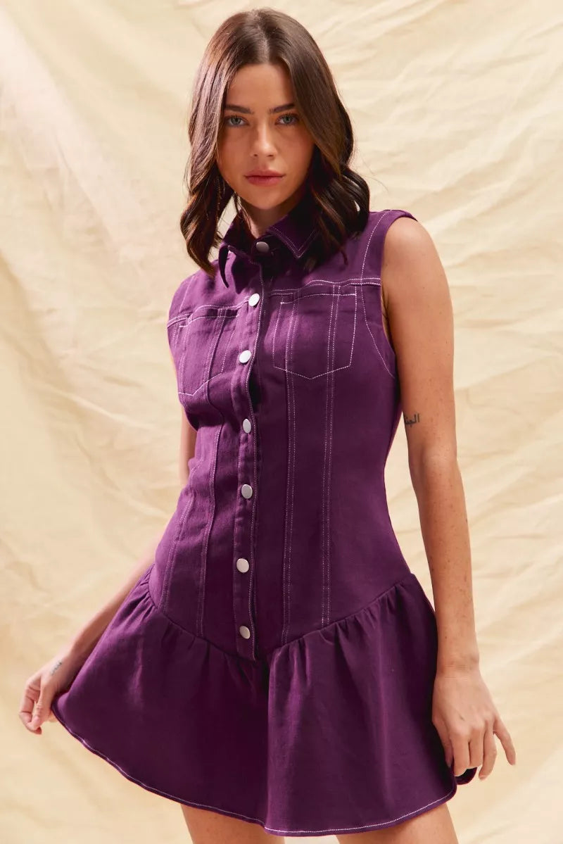 Button Down Sleeveless Collared Mini Dress