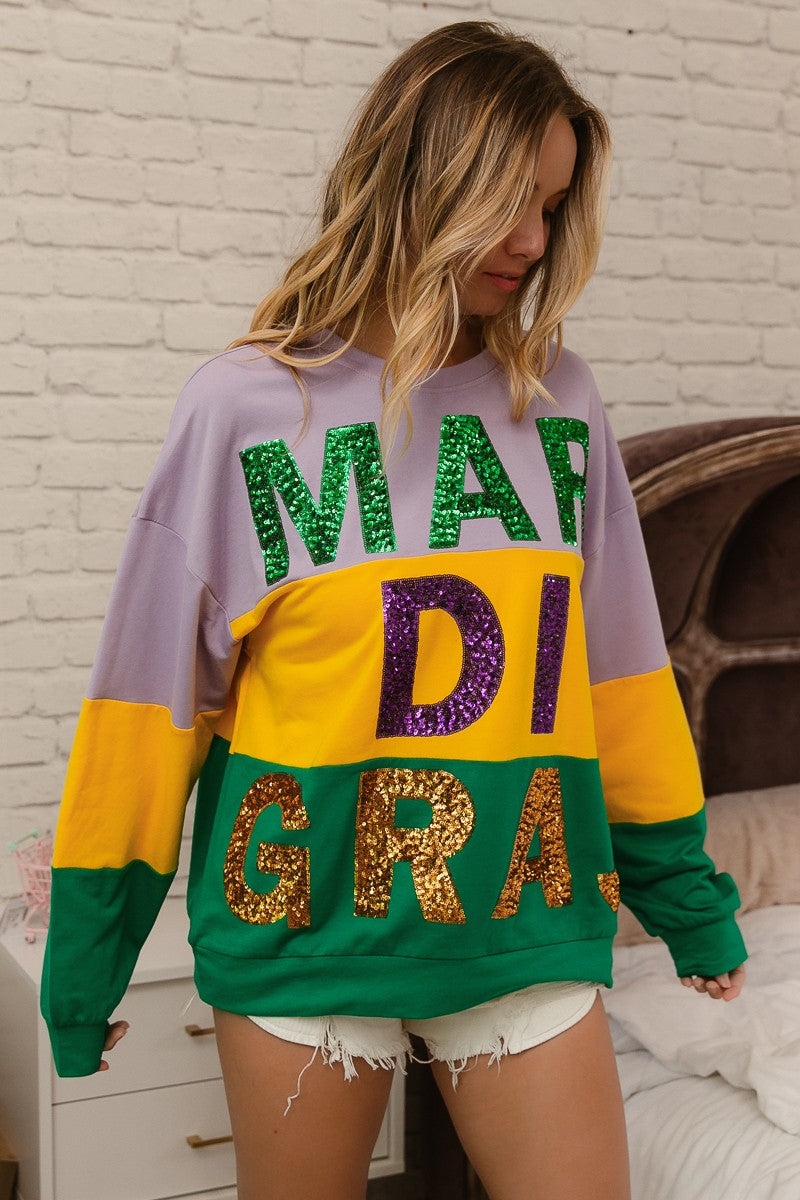 BiBi Sequin Mardi Gras Lettering Color Block Sweatshirt