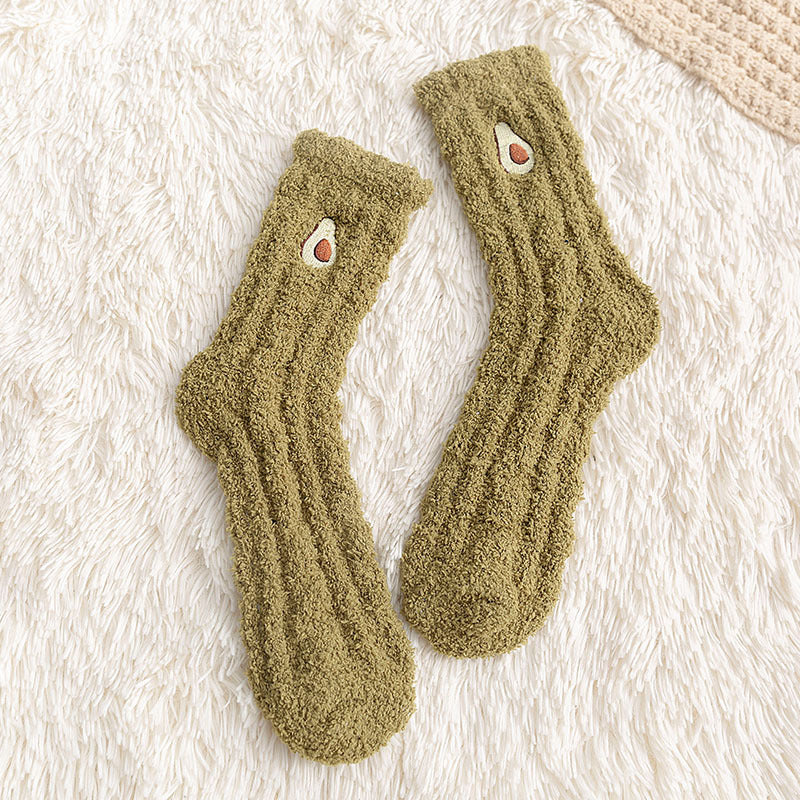 Embroidered Avocado Coral Fleece Socks