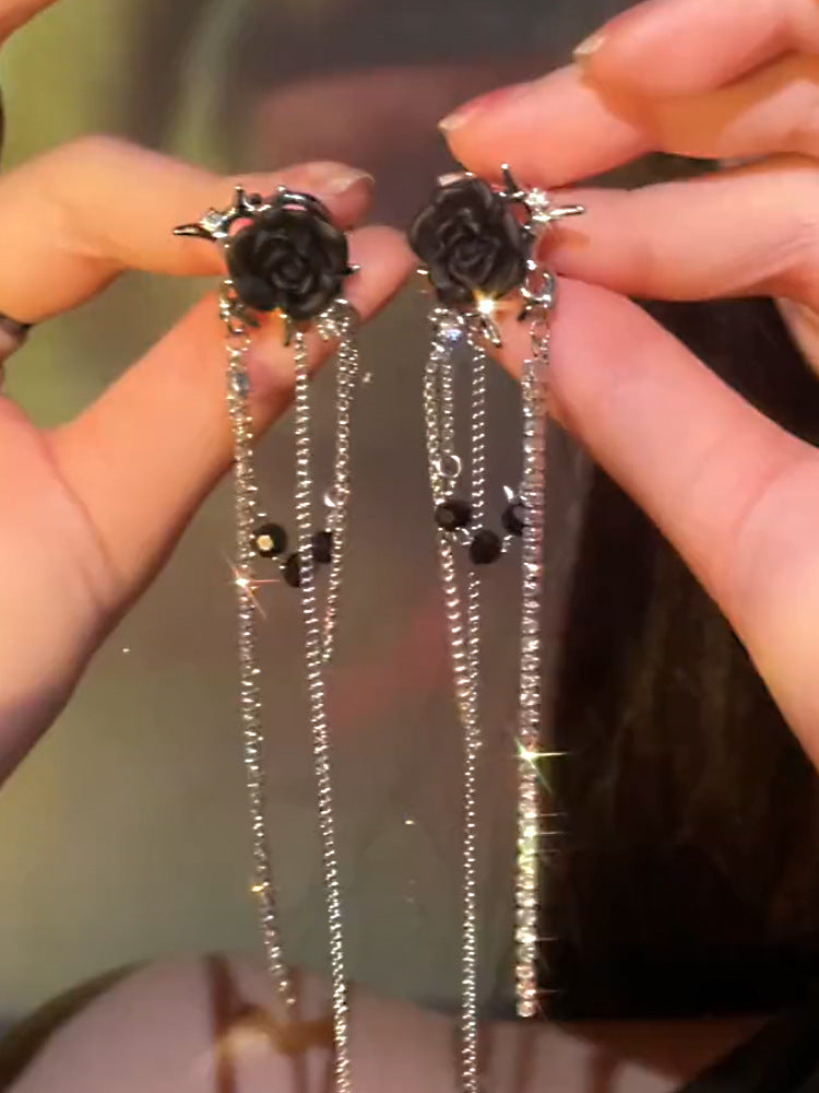 Black Rose Tassel Earrings