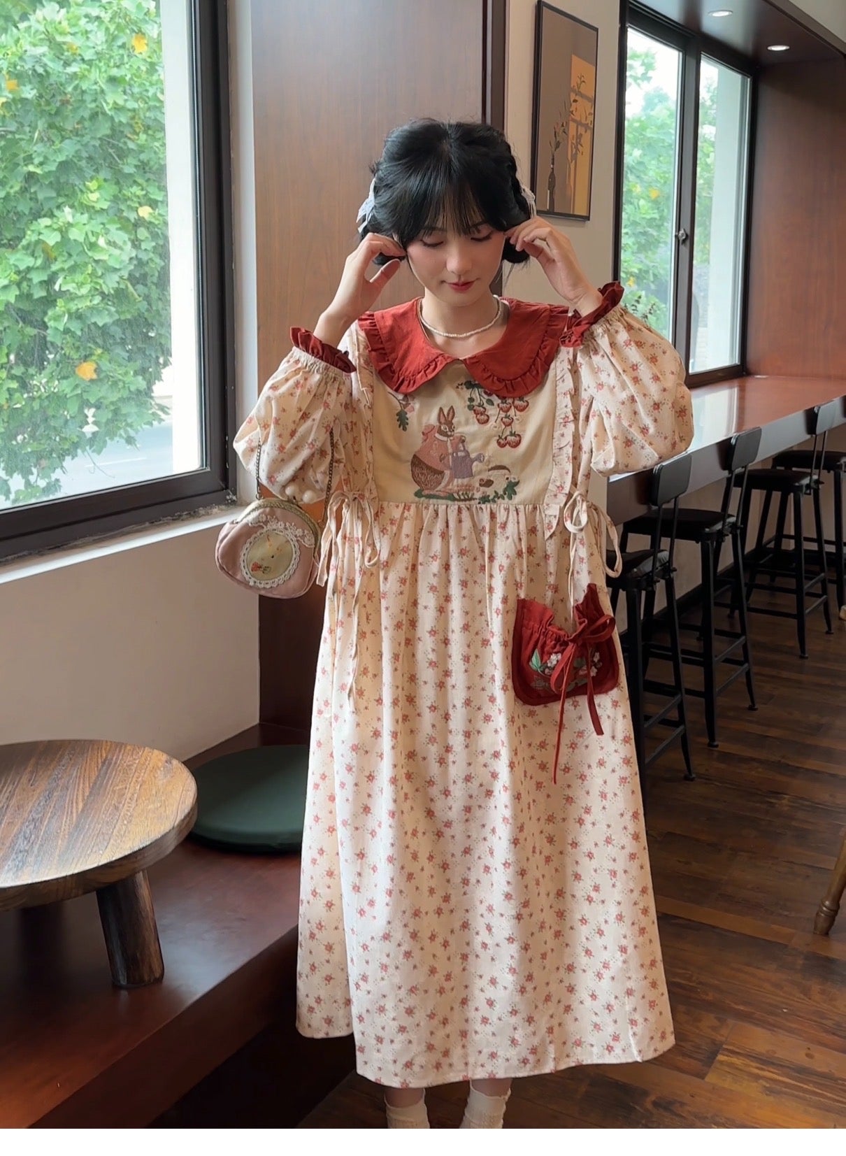 Rabbit's Strawberry Garden Cottagecore Goblincore Dress with Embroidery