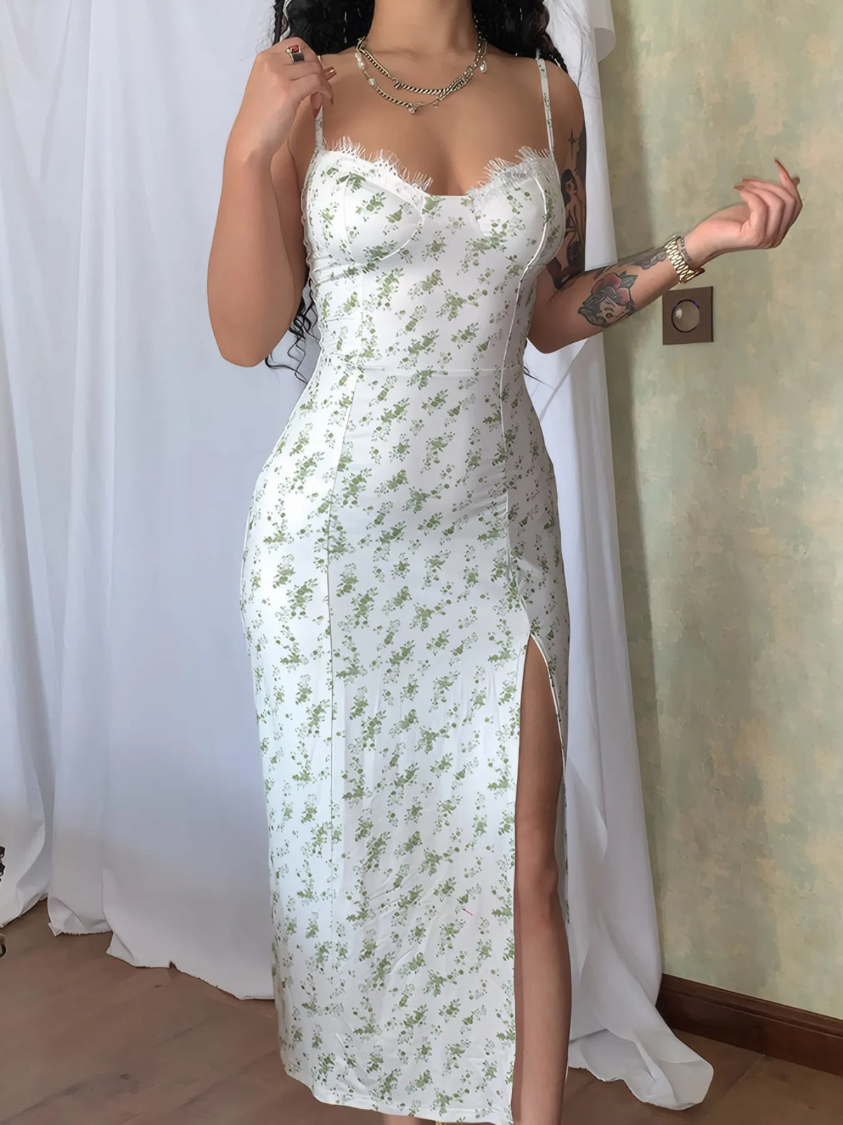 Split Printed Sweetheart Neck Cami Dress