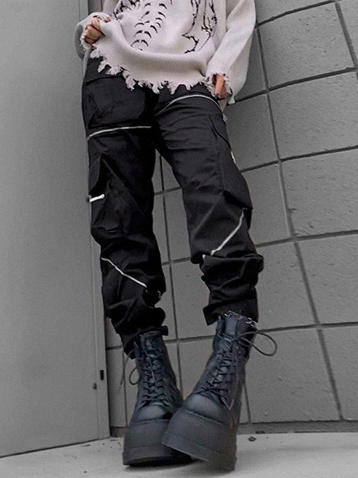 Asymmetric Zipper Reflective Strip Cargo Pants