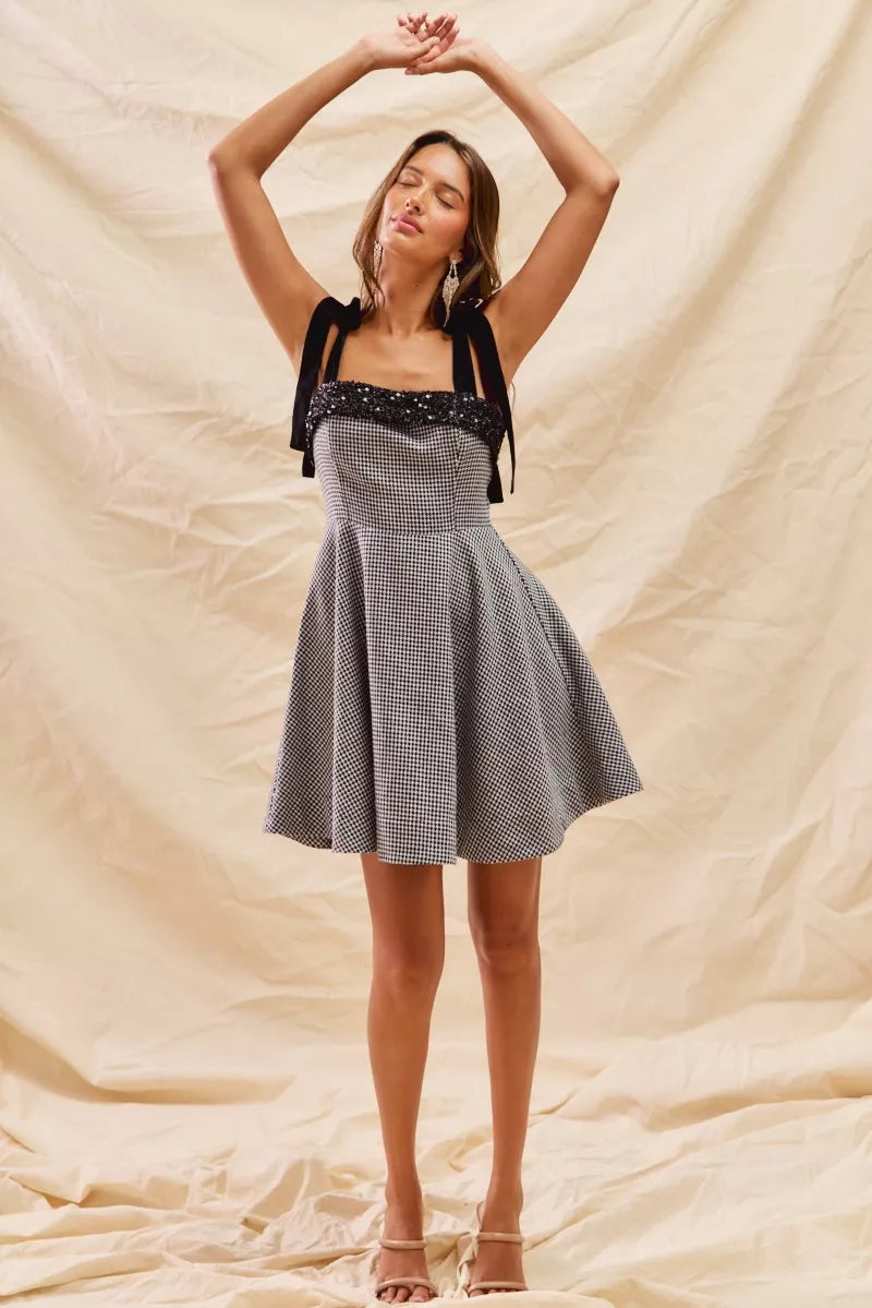 Houndstooth Fit Flare Mini Dress with Shoulder Tie