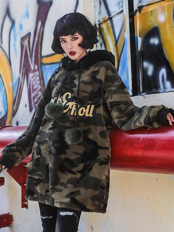 Camouflage Plush Casual Loose Hoodie