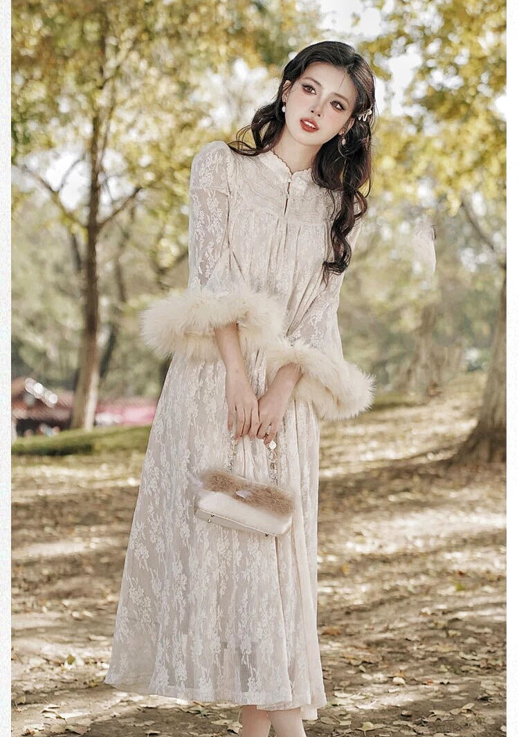Magic Muse Faux Fur Lace Dress with Pearl Belt