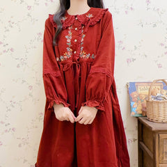 Foxy Fall Cottagecore Dress with Embroidery