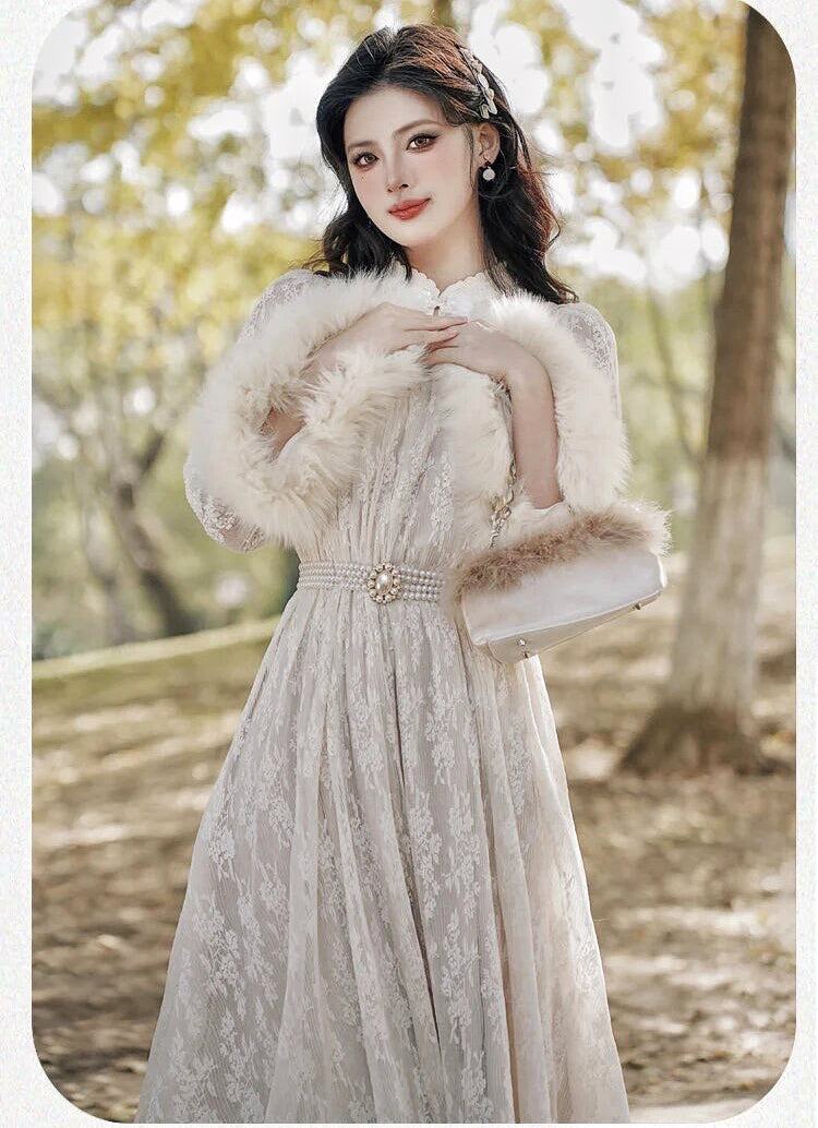 Magic Muse Faux Fur Lace Dress with Pearl Belt