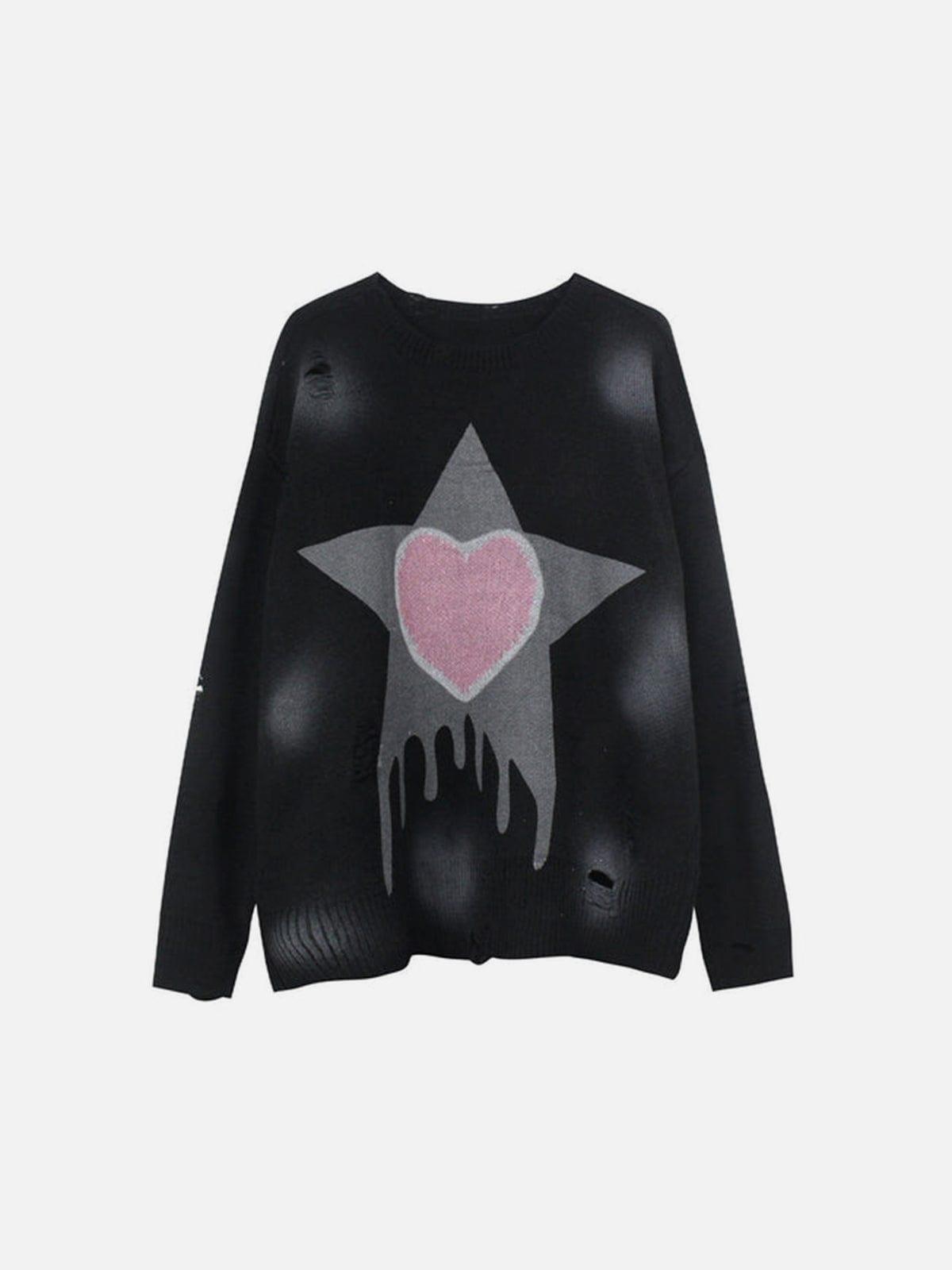 Dark Tie-dye Ripped Five-pointed Star Love Knitted Sweater