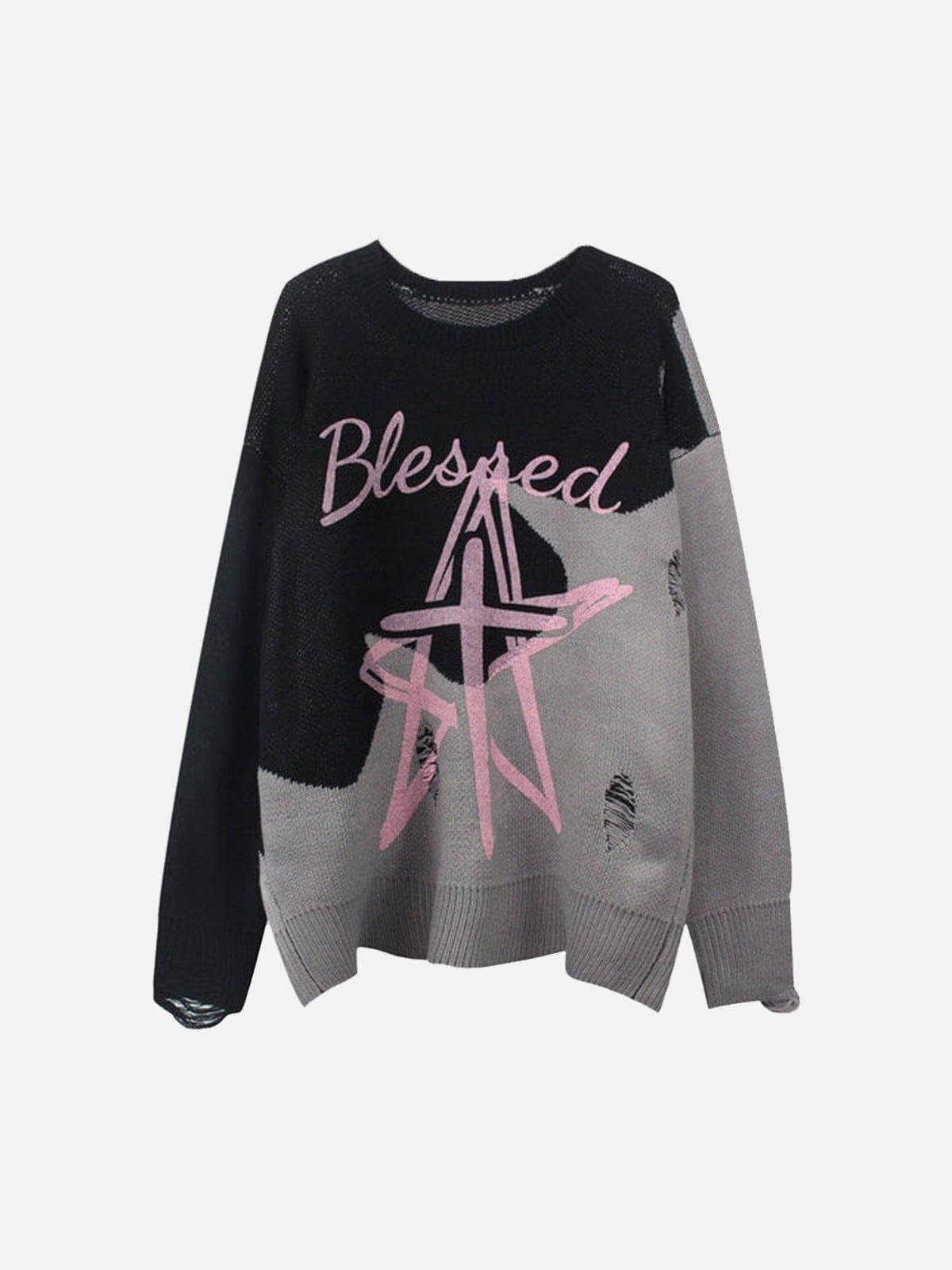 Dark Ripped Patchwork Five-pointed Star Print Sweater