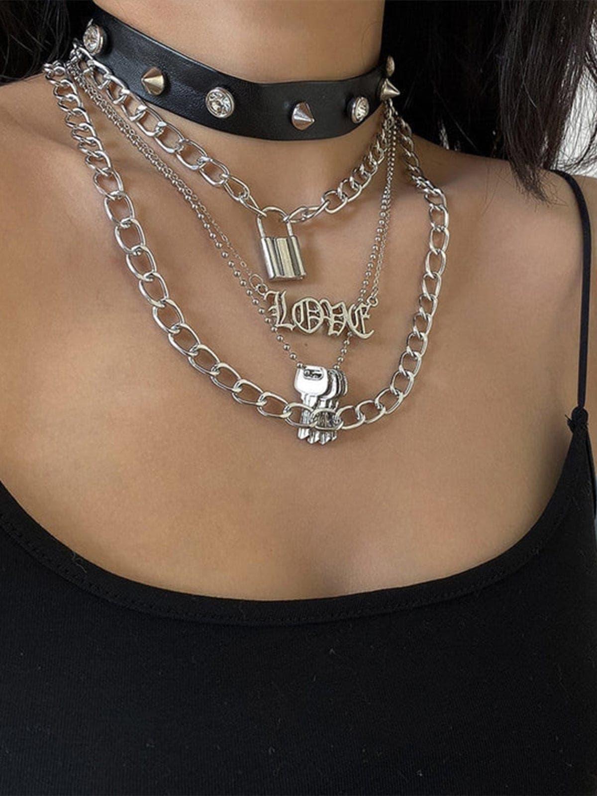 Punk PU Lock Shape Key Multiple Necklace