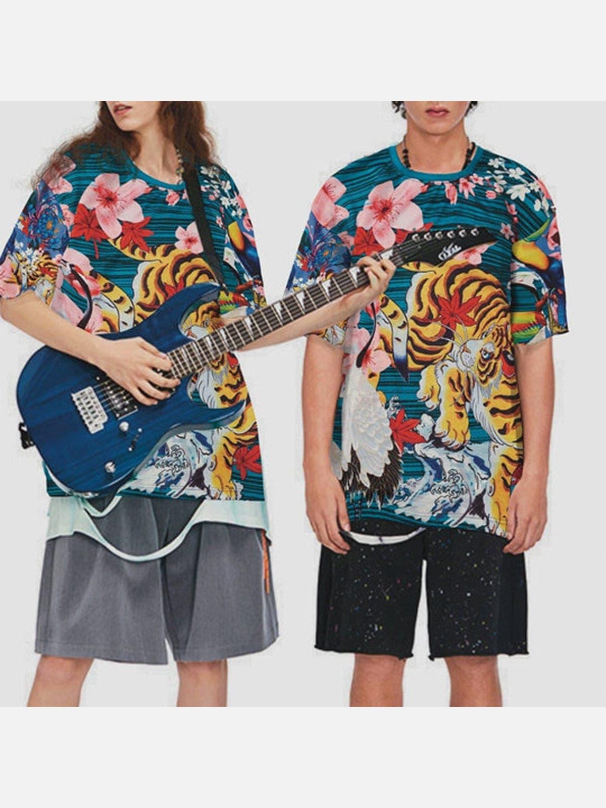 Cherry Blossoms Tiger Crane Print Tee