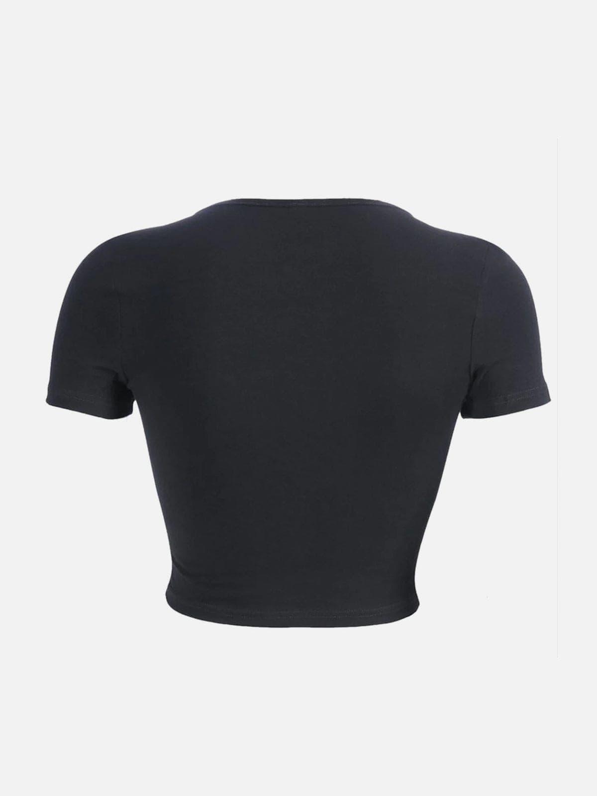 Slim Belt Shoulder Buckle Hollow Short Sleeve T-shirt