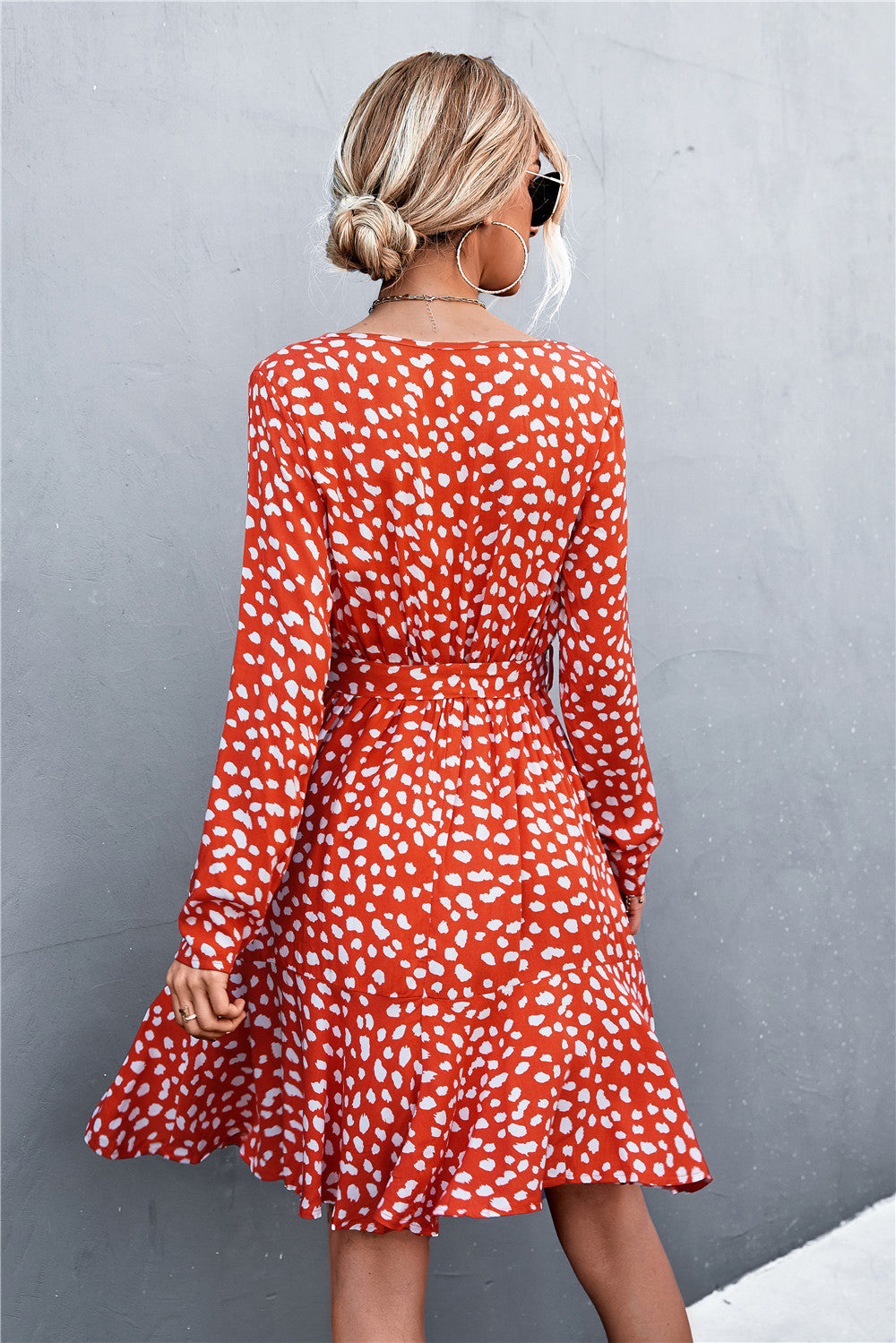 V-Neck Tie Belt Ruffle Hem Mini Dress