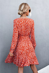 V-Neck Tie Belt Ruffle Hem Mini Dress