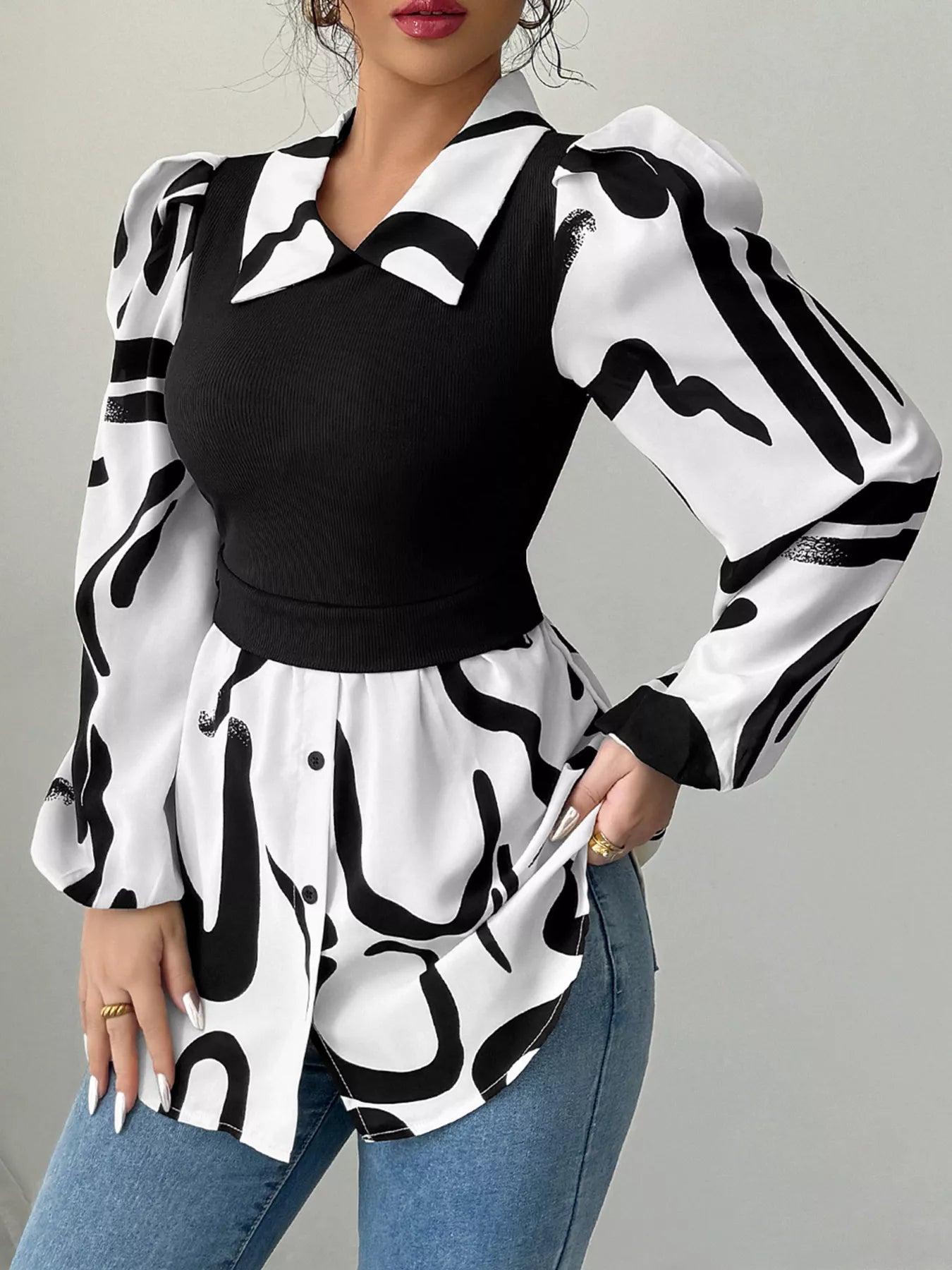 Abstract Print Long Sleeve Blouse