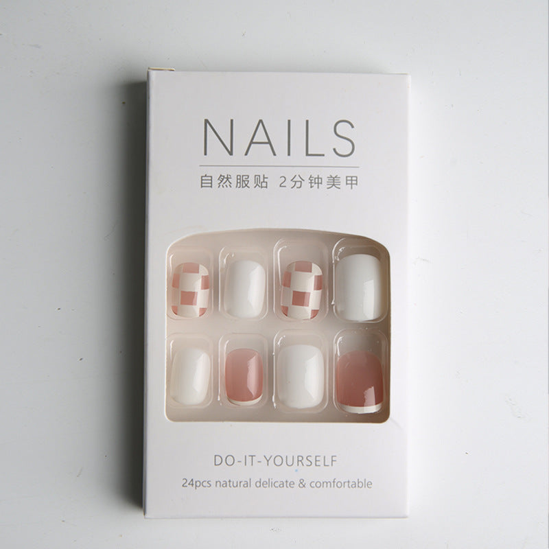 White Checkerboard Wearable Nails Finished Manicure