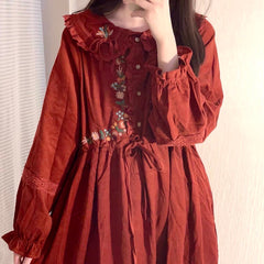 Foxy Fall Cottagecore Dress with Embroidery