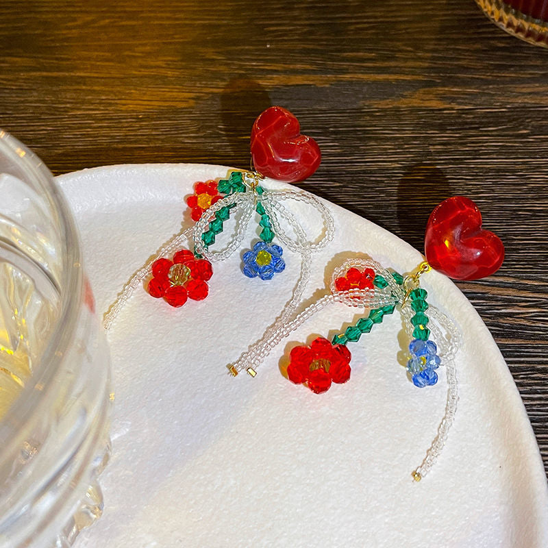 Blue Beaded Flower Earrings