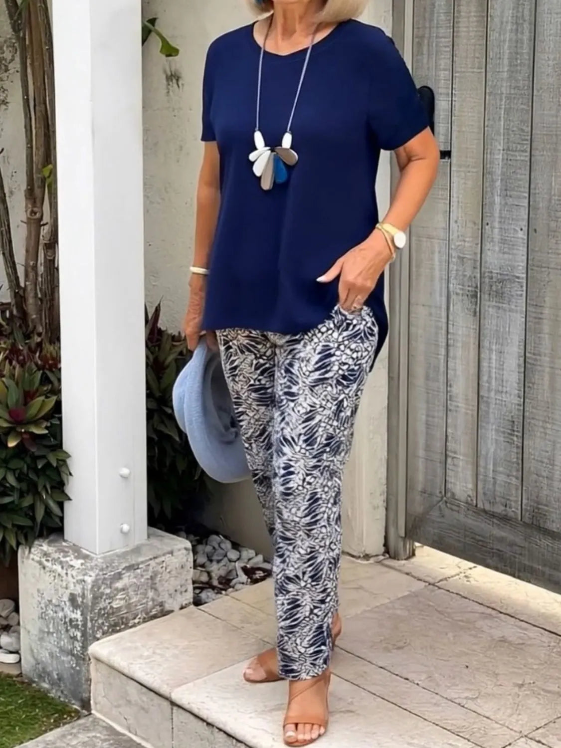 Full Size Round Neck Short Sleeve Top and Pants Set Plus Size