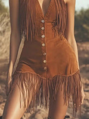 Fringe Button Front Mini Dress