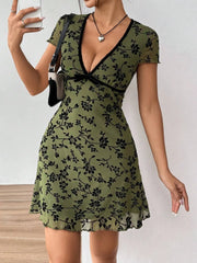 Printed V-Neck Short Sleeve Mini Dress