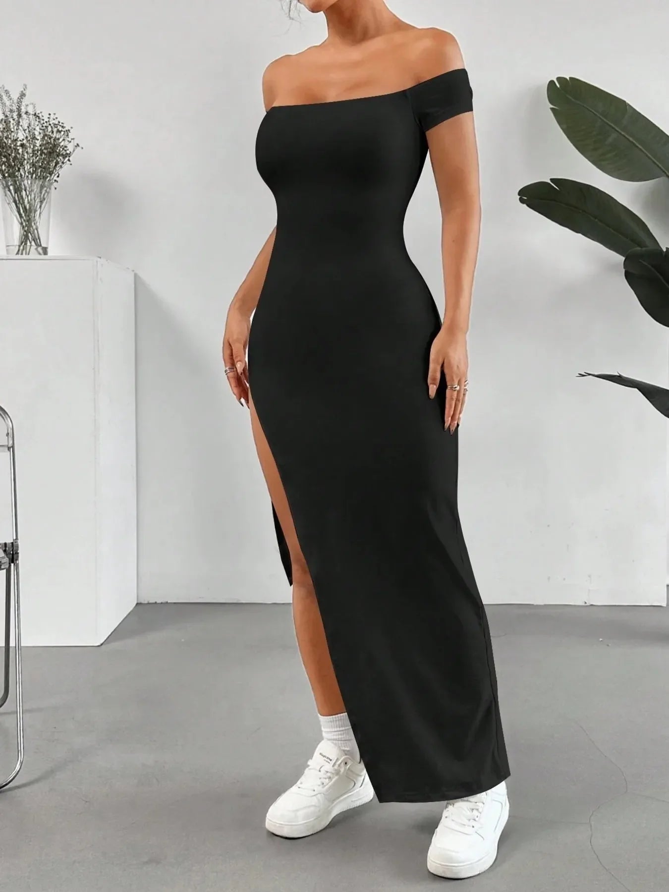 Off-Shoulder High Slit Maxi Dress