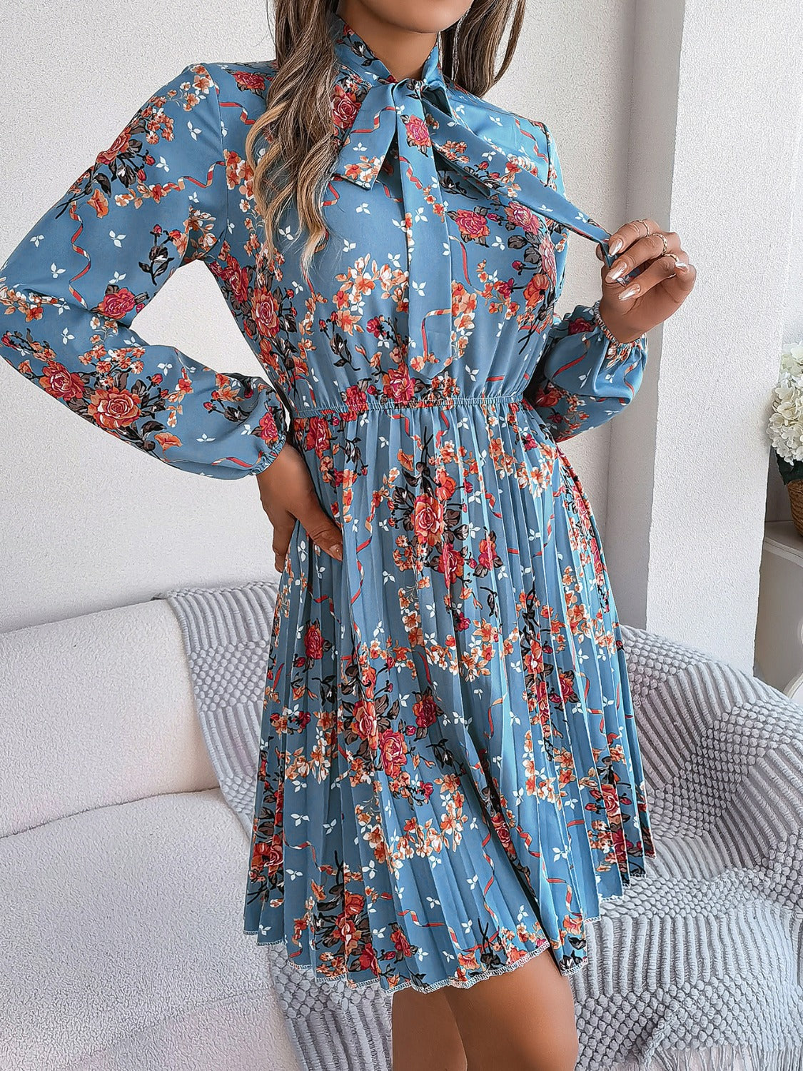Pleated Printed-Tie Neck Long Sleeve Dress