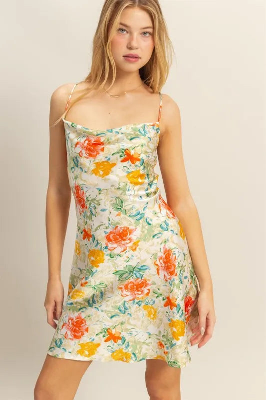 Floral Cowl Neck Flirty Satin Mini Dress