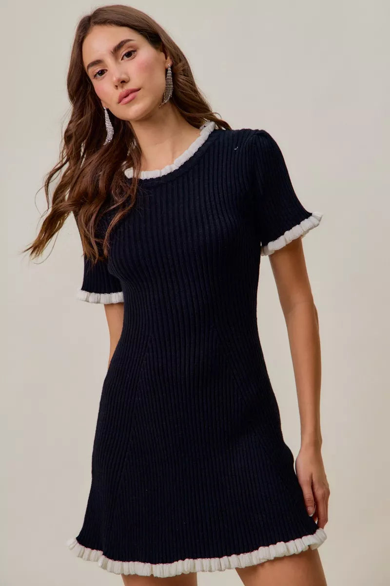 Contrast Ruffled Sweater Knit Mini Dress