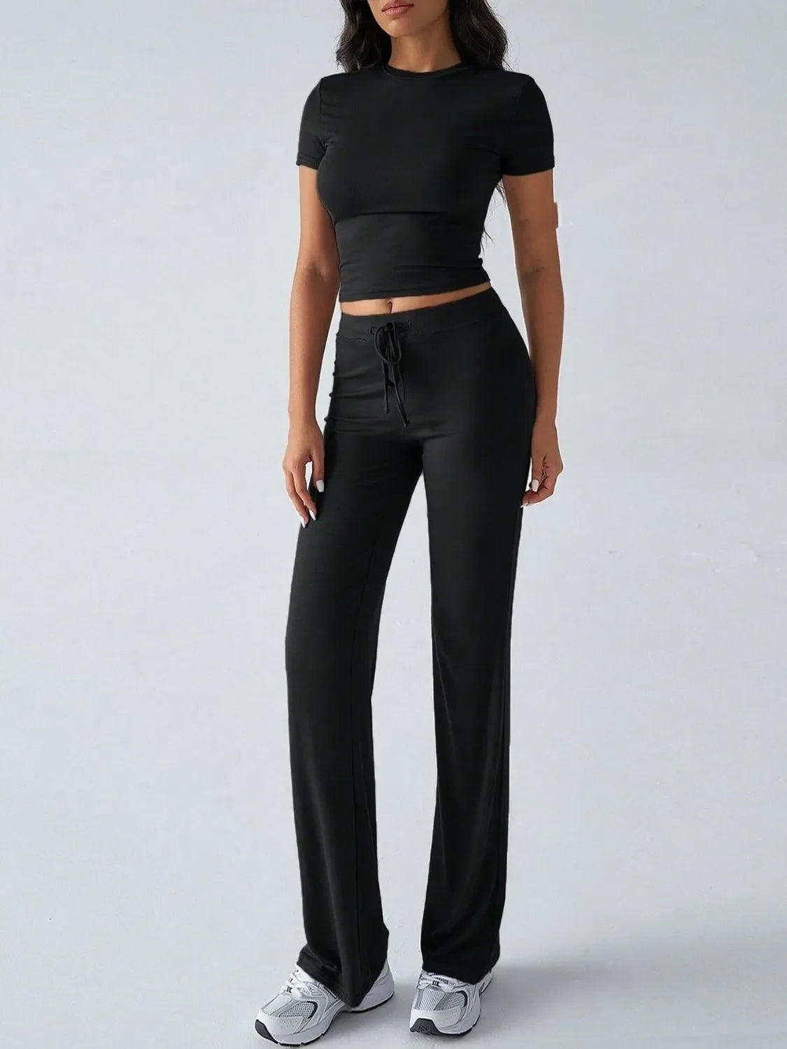 Round Neck Short Sleeve Top and Pants Set