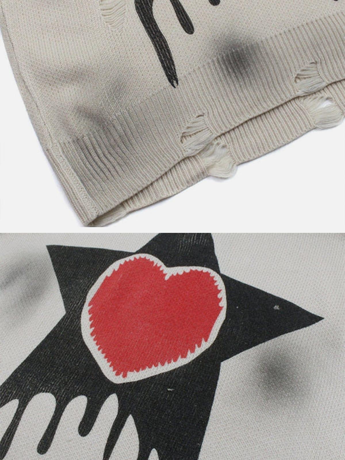 Dark Tie-dye Ripped Five-pointed Star Love Knitted Sweater