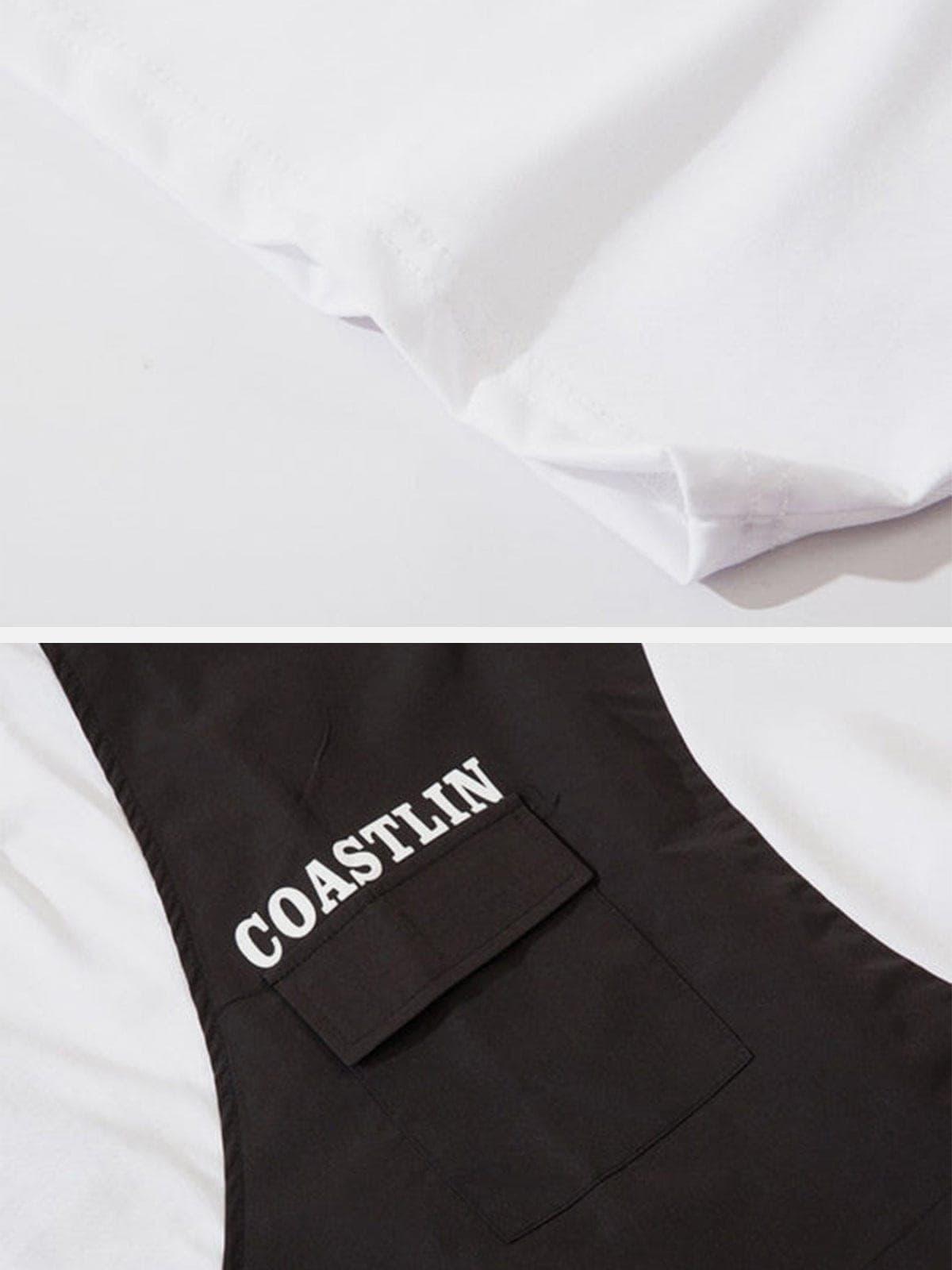 Contrasting Color Stitching Buckle Streamer Tee