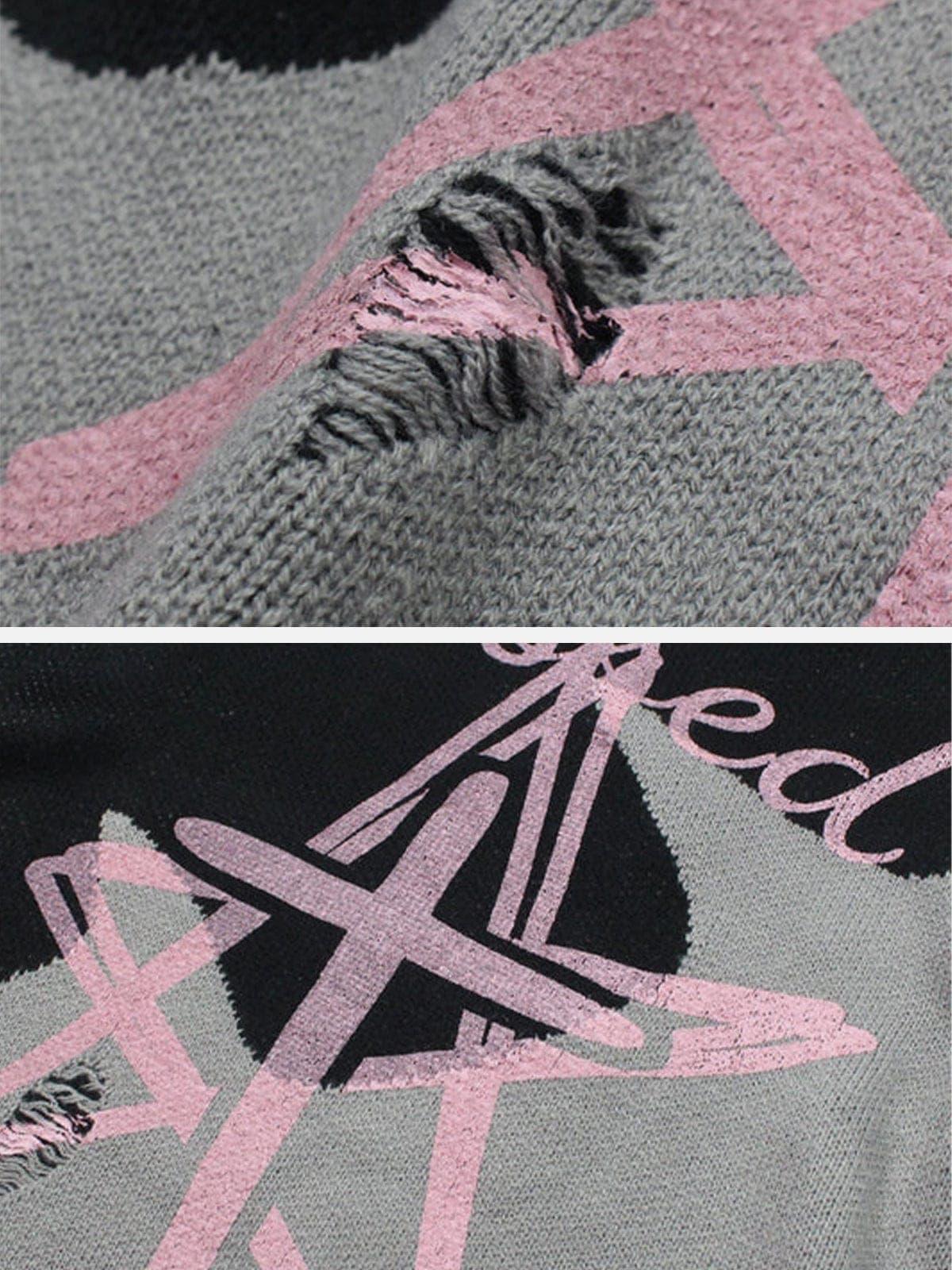 Dark Ripped Patchwork Five-pointed Star Print Sweater