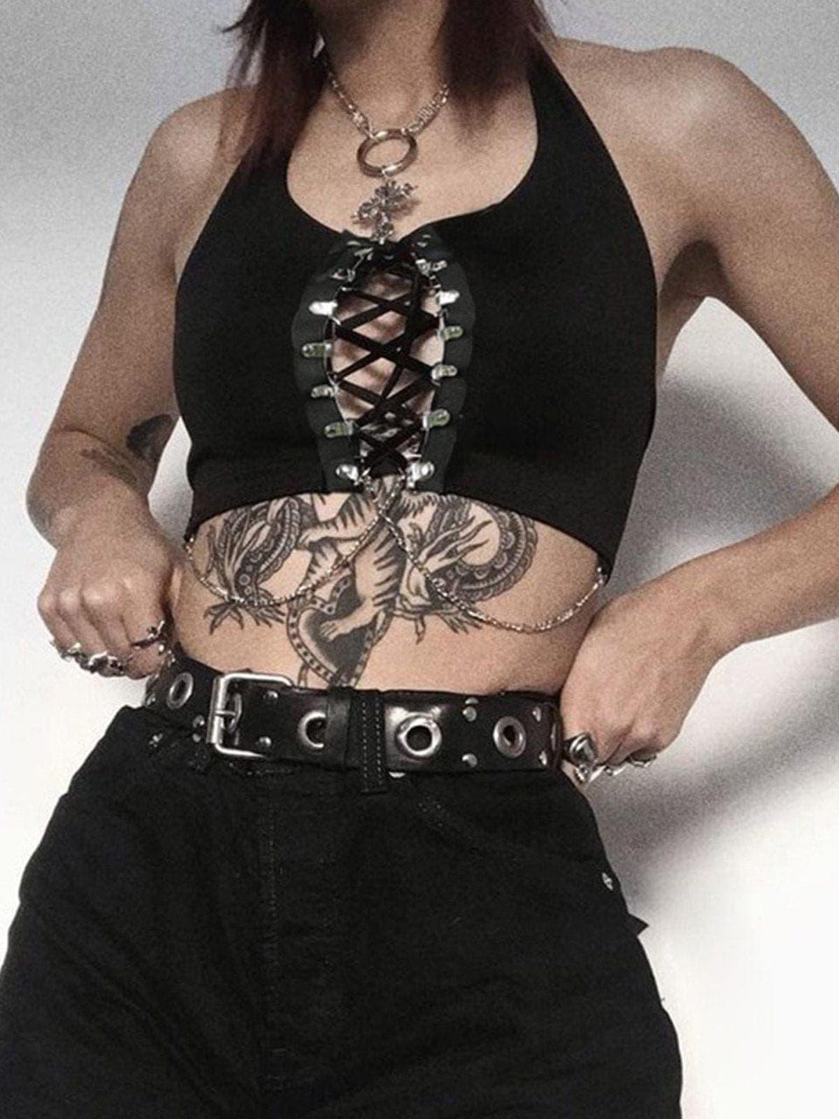 Dark Cross Strap Hollow Chain Halter Sexy Vest
