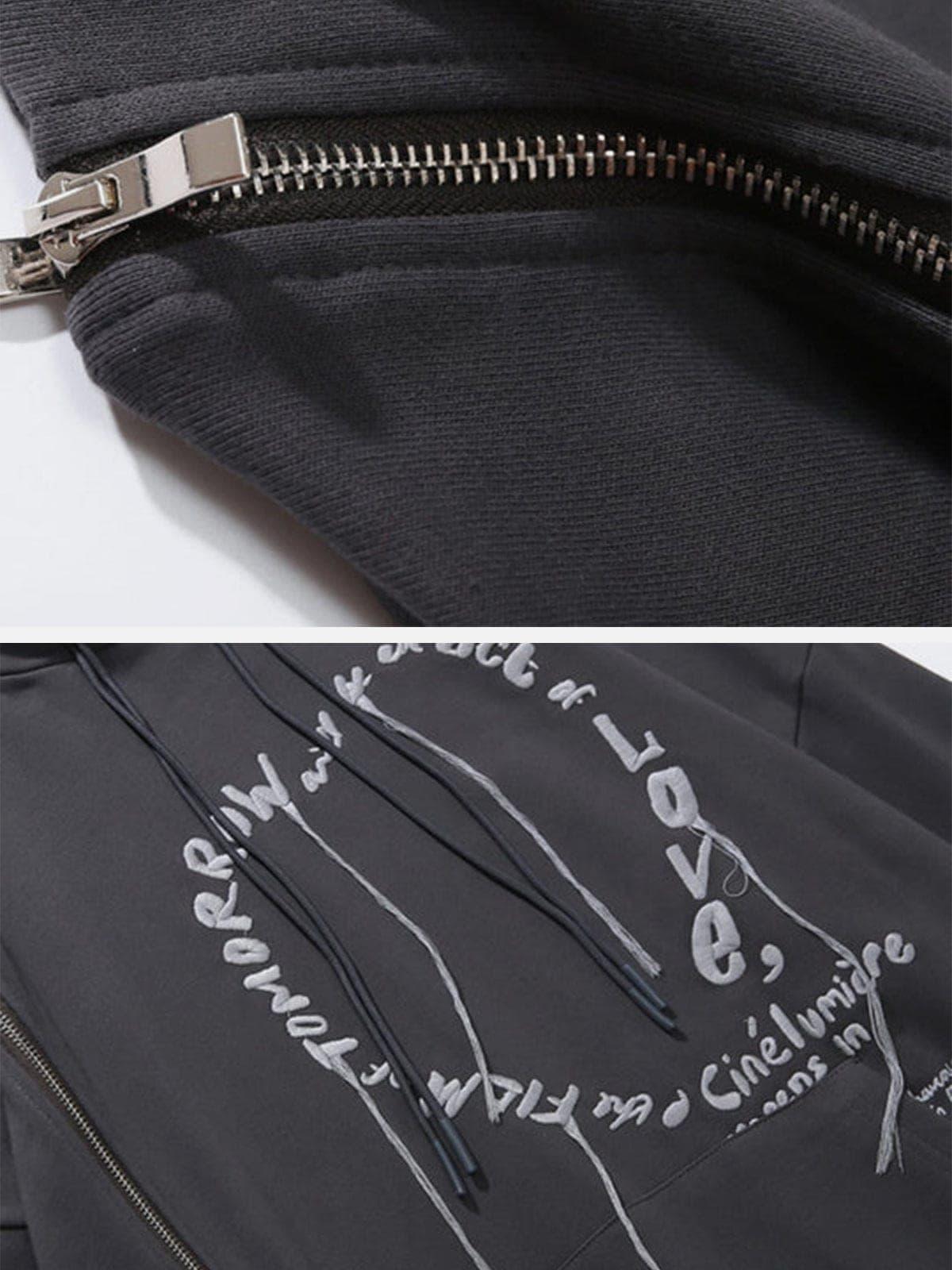 Side Zipper Embroidered Alphabet Tassels Oversized Hoodie