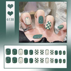 Green White Checkerboard Wearable Nails Finished Manicure