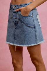 Washed Denim Floral Contrast Pockets Mini Skirt